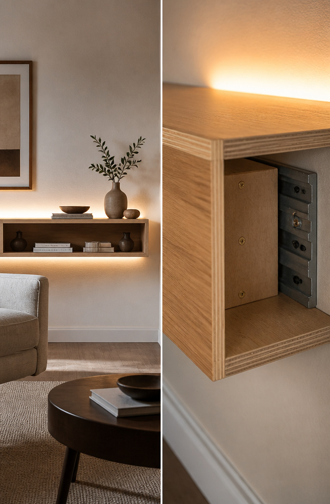 DIY Floating Shelves: A Complete Guide to 5 Styles for Every Room 10 Box-style hollow shelf mounted on a wall, open at the back.