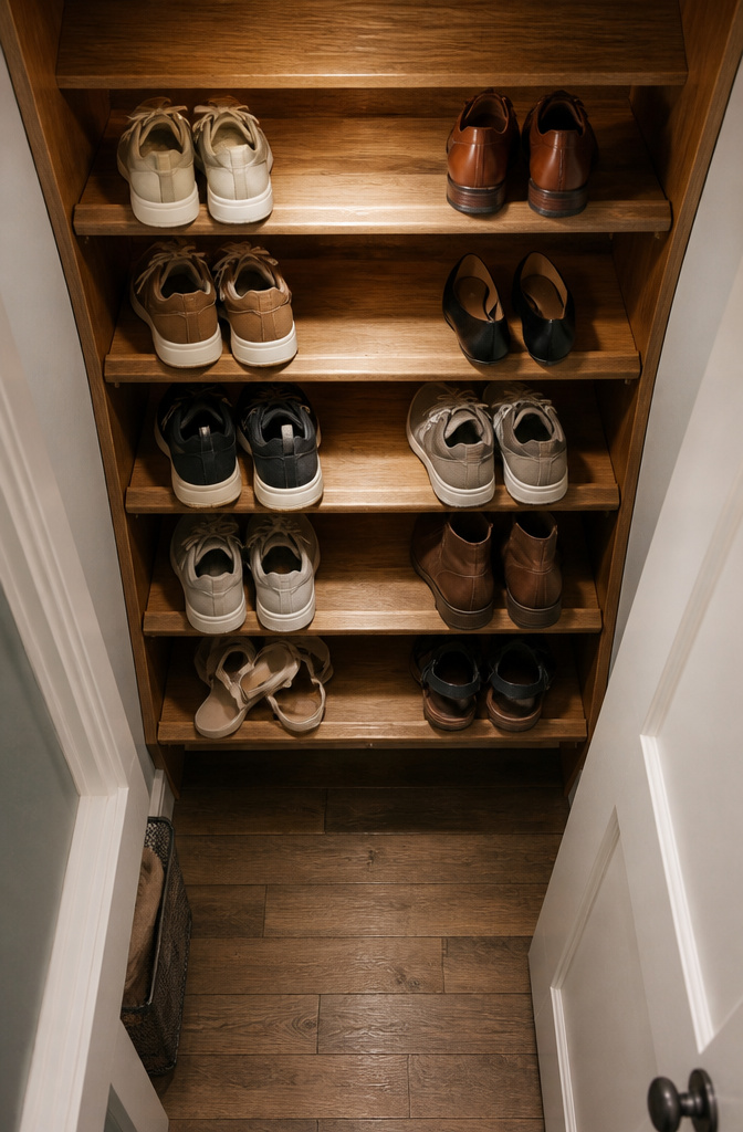 DIY Shoe Rack: 10 Plans for Wall, Tower, Bench and Closet Builds 10 Angled shoe shelves inside a closet for efficient storage.
