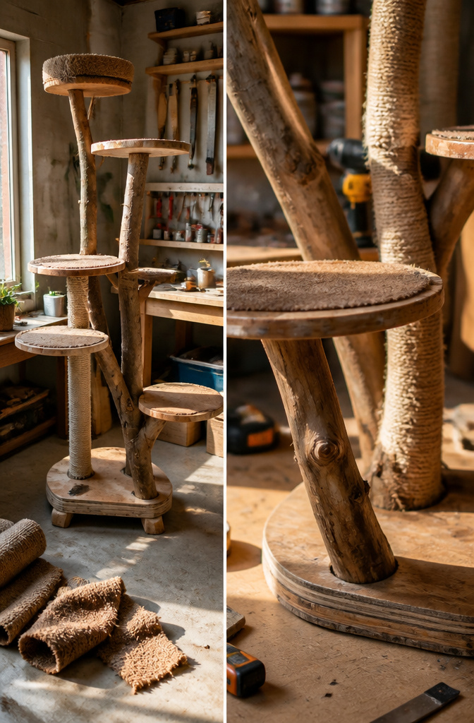 How to Build a DIY Cat Tree: 5 Plans for 2026 10 Parts of an old cat tree being stripped for reuse in a new design.