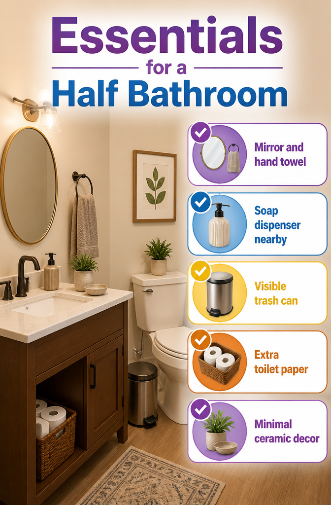 7 Half Bathroom Ideas for Storage, Color & Fixtures in 2026 11 Essentials like soap and hand towel in a half bathroom.