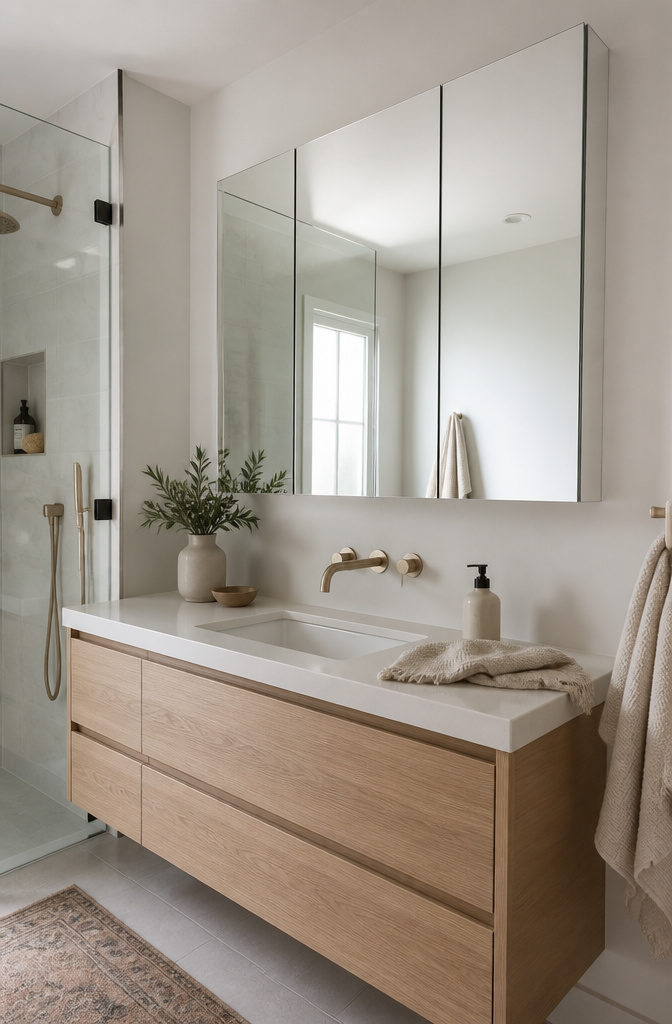 15 Bathroom Mirror Ideas for 2026 – Types, Styles & Trends 11 Frameless mirror cabinet with touch-to-open doors in a modern bathroom.