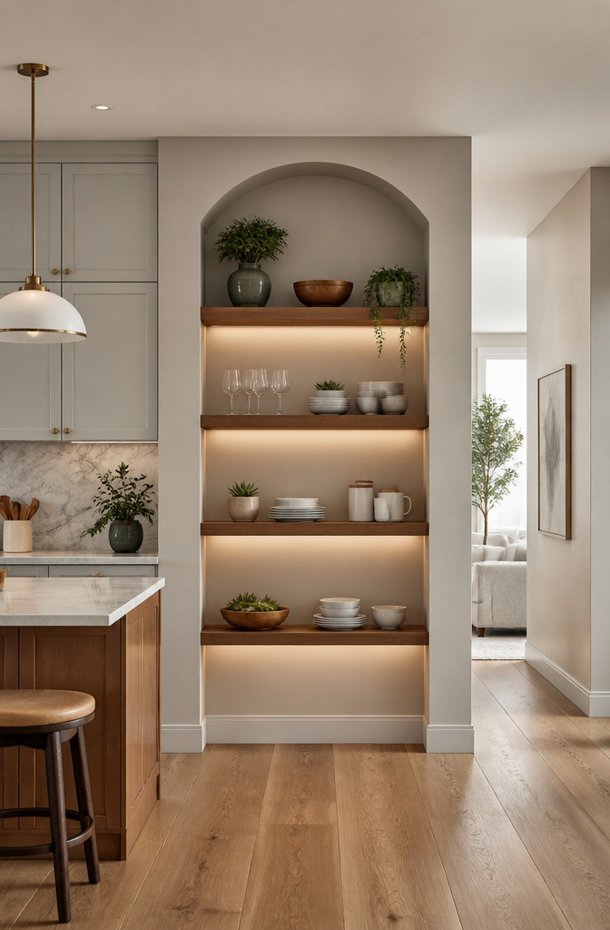 DIY Floating Shelves: A Complete Guide to 5 Styles for Every Room 11 Custom floating shelves designed for an alcove above a toilet.