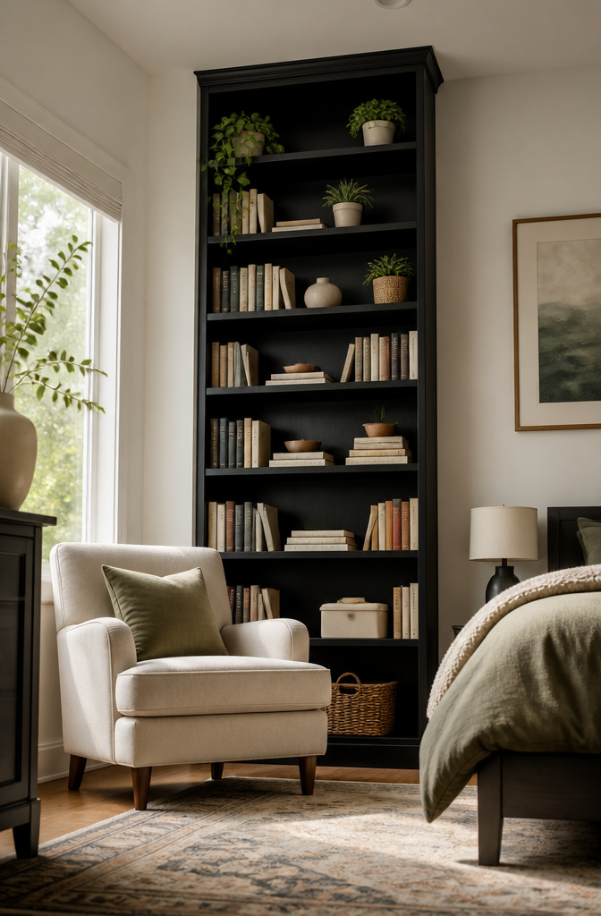Tall bookcases and wall-mounted shelves in a bedroom.