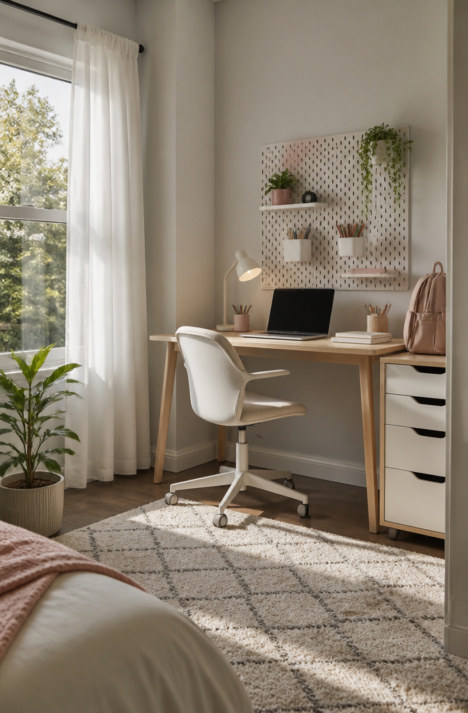 A well-designed study space with a desk and wall pegboard.