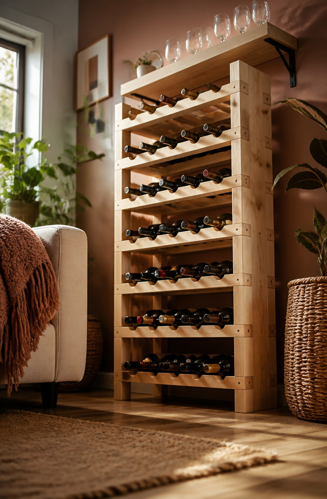 Freestanding wine rack holding bottles on the floor.