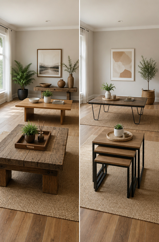 Various coffee table styles displayed in a room setting.