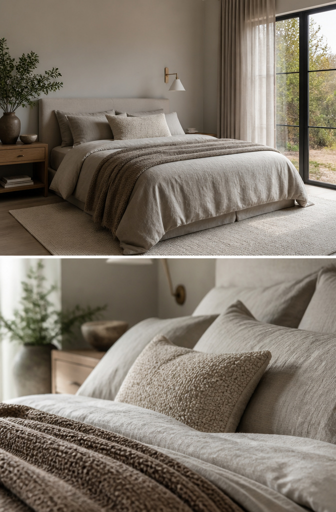 Bedroom with layered textured fabrics in various shades of grey.