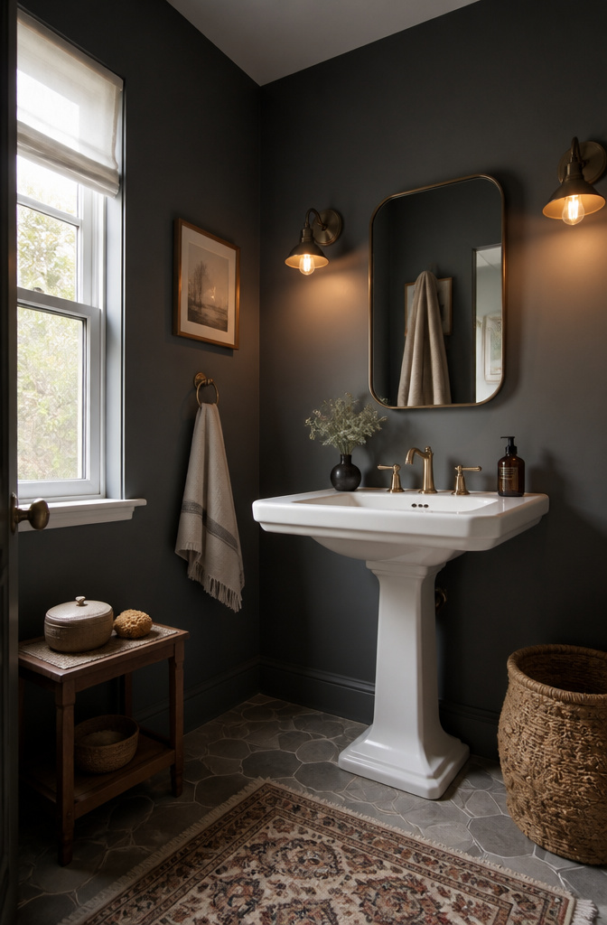 A bathroom with mid-tone gray walls and a vintage sink.