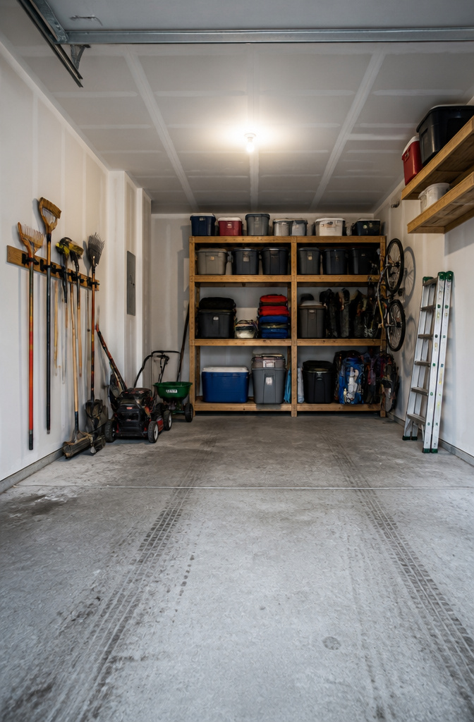 Garage storage with frequently used items at eye level.