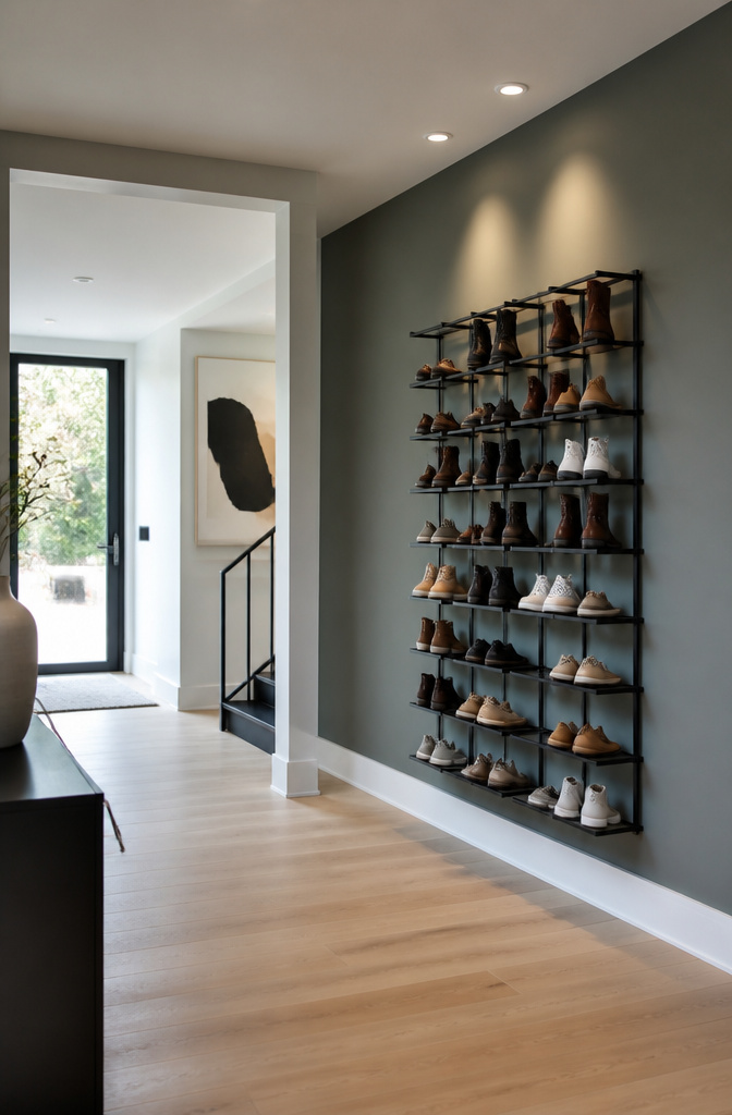 A wall-mounted shoe bin holding pairs of shoes upright.