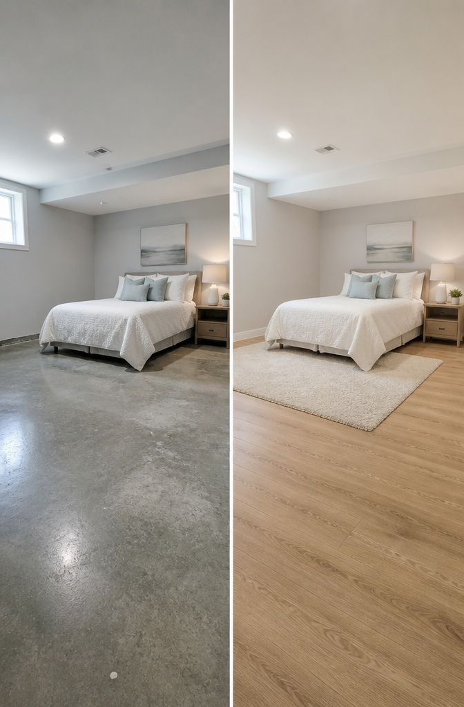 20 Basement Bedroom Ideas for 2026: Cozy, Warm, Practical 11 Basement bedroom featuring honey butter oak luxury vinyl plank flooring.