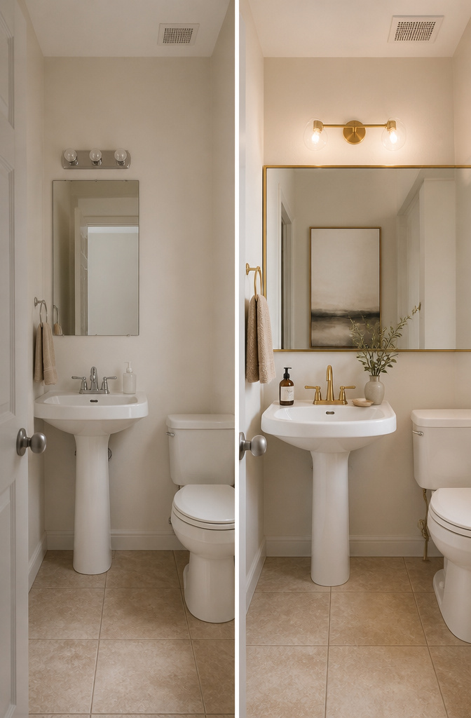 7 Half Bathroom Ideas for Storage, Color & Fixtures in 2026 12 Rectangular mirror hung horizontally in a small bathroom.