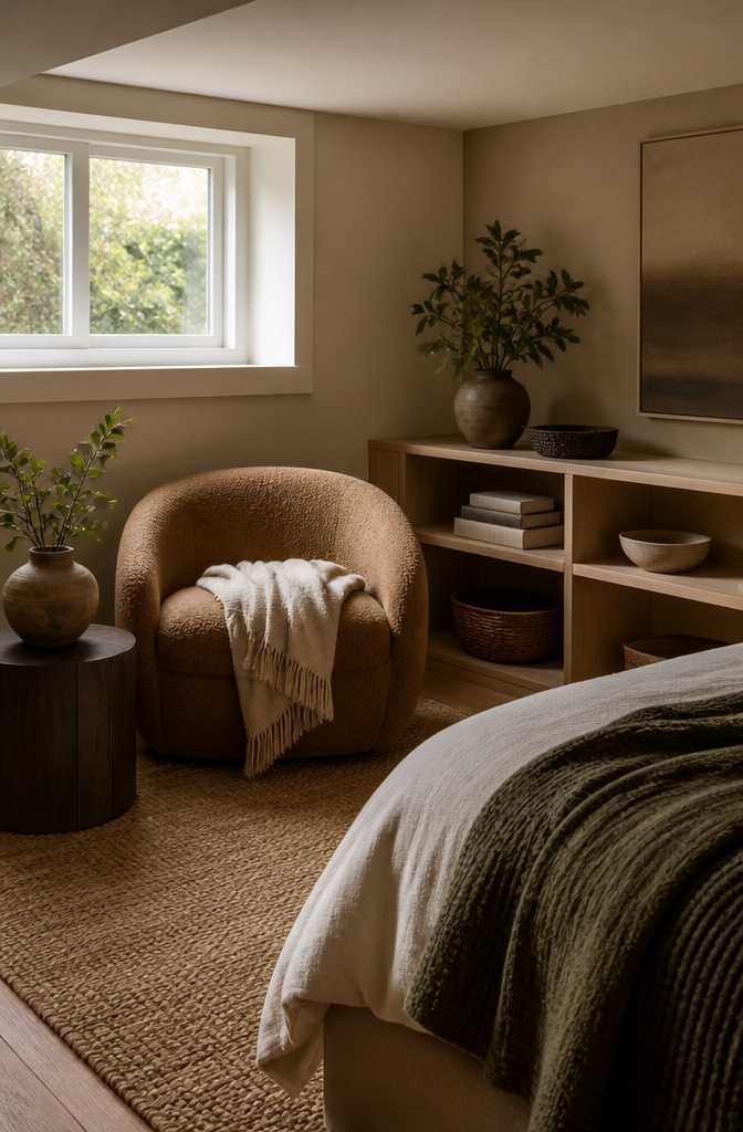 20 Basement Bedroom Ideas for 2026: Cozy, Warm, Practical 12 Basement bedroom with a bouclé upholstered reading chair and side table.