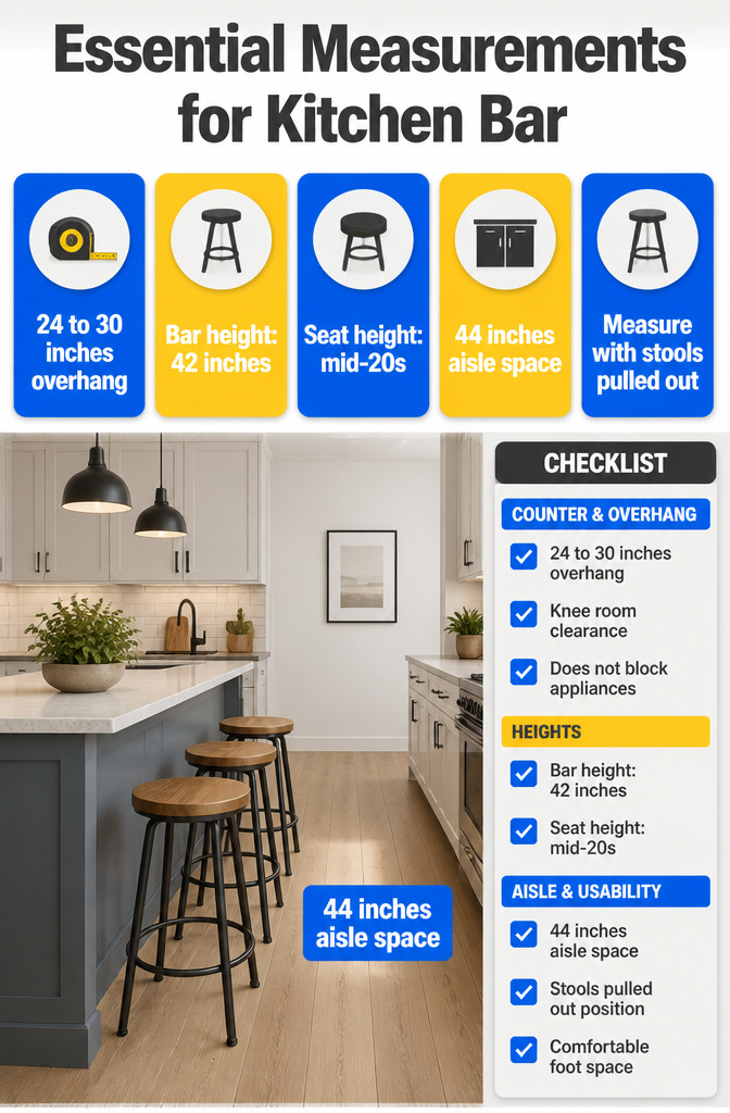 A visual guide showing essential measurements for kitchen bars.