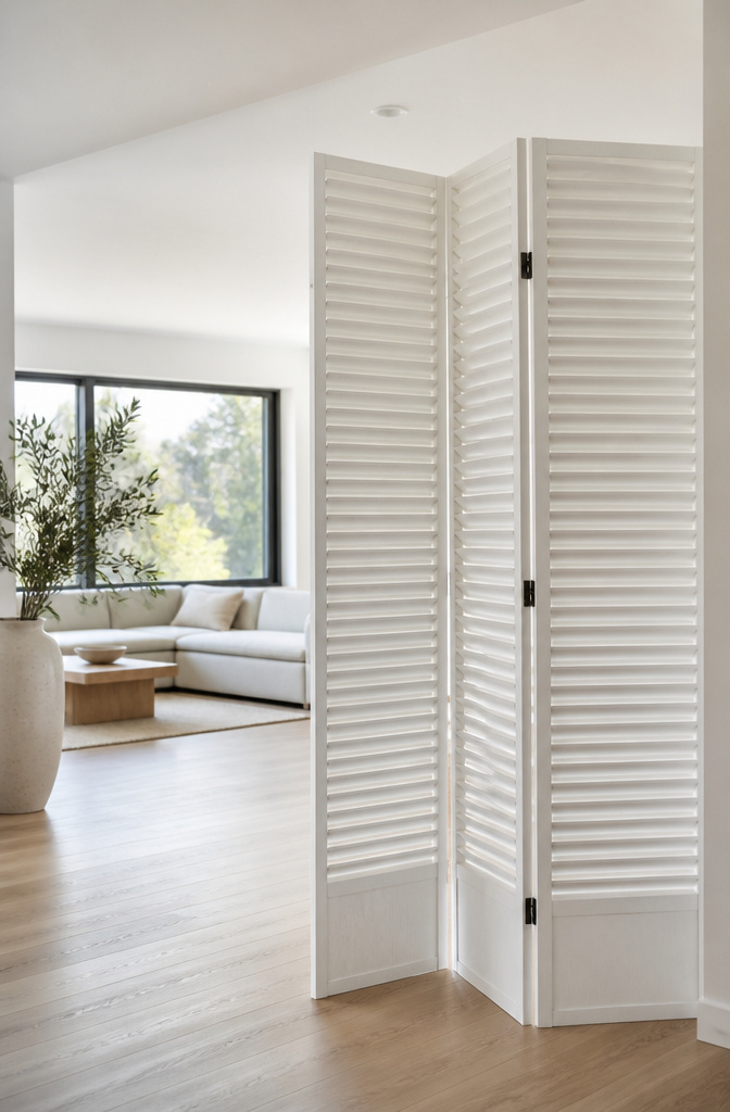 14 DIY Room Divider Ideas: Projects From Wallpaper to Wire 12 A louvered bi-fold door arranged as a room divider.
