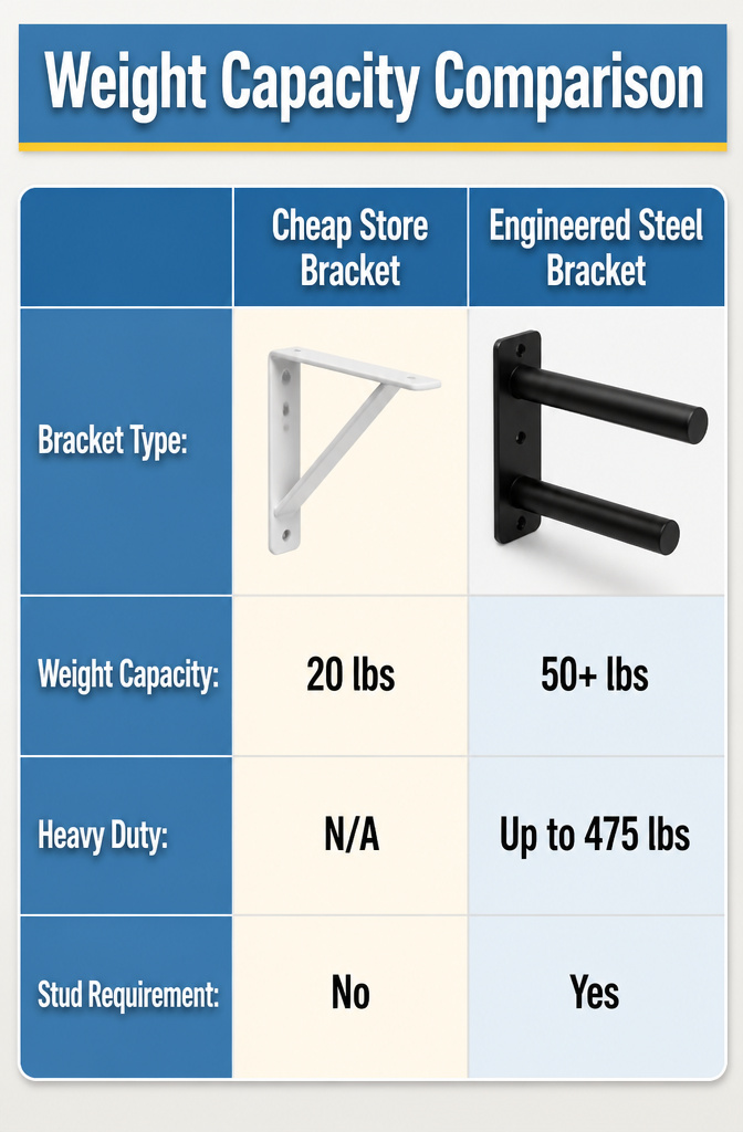 DIY Floating Shelves: A Complete Guide to 5 Styles for Every Room 12 Chart displaying weight capacity ratings for various shelf brackets.