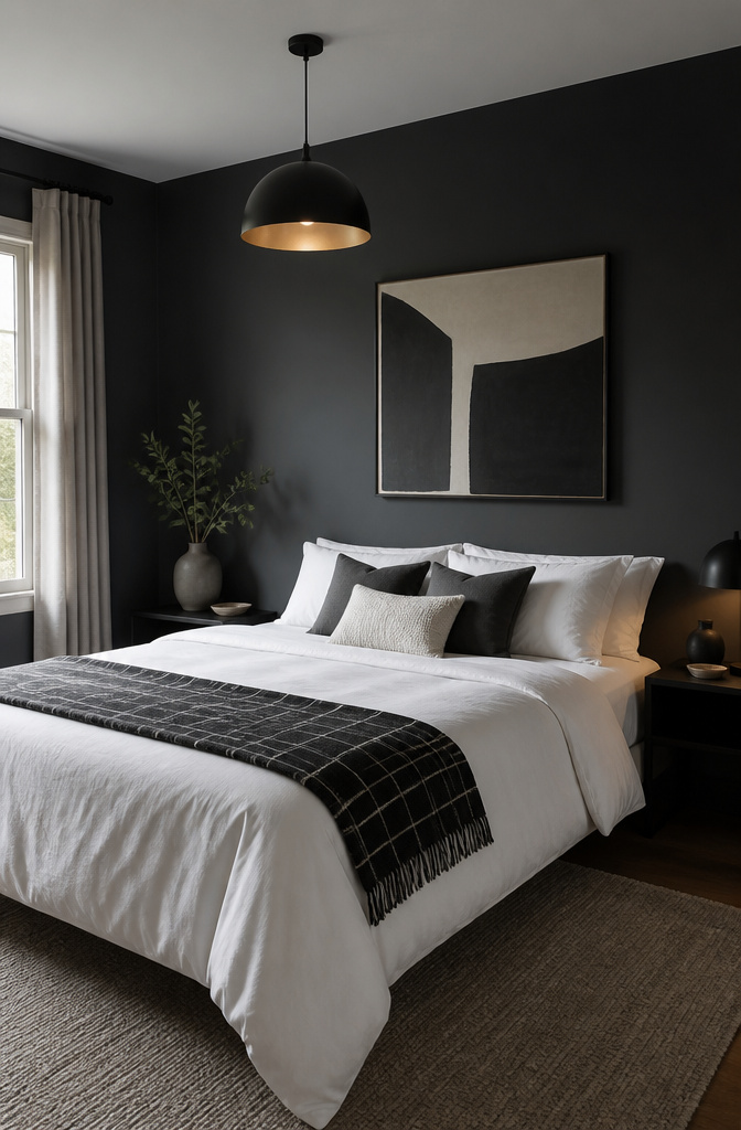 Grey walls with bold graphic accents and a center pendant light.