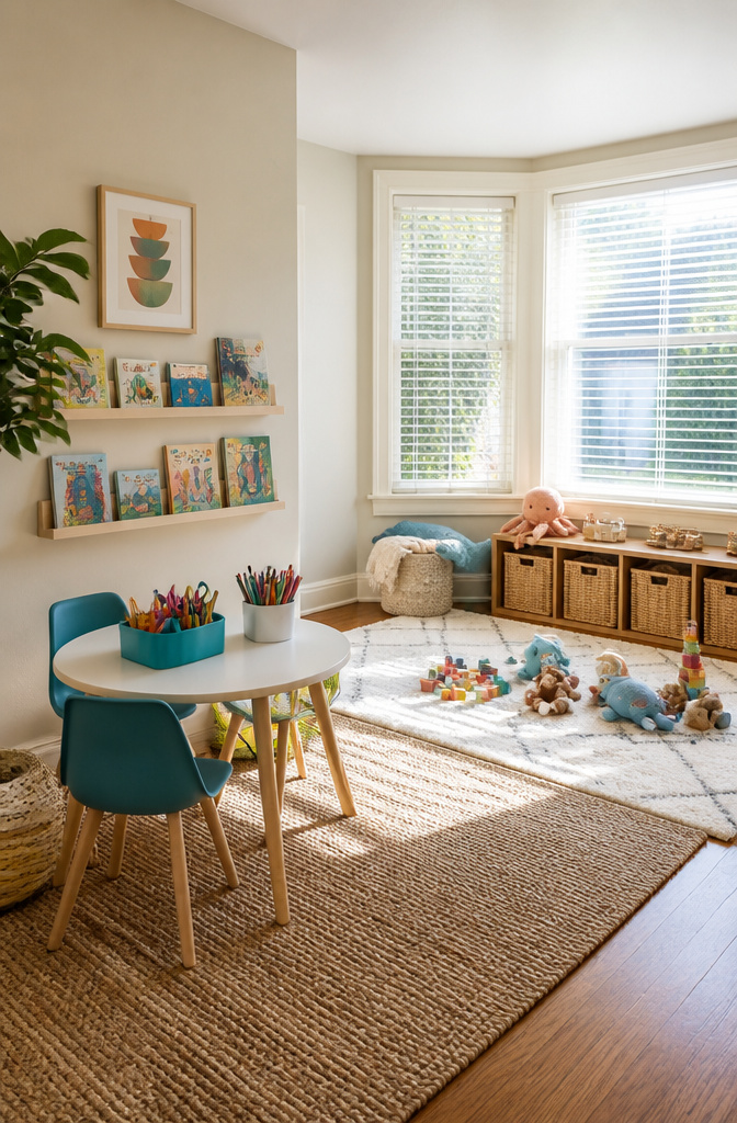 10 Toy Storage Ideas for Every Room (2026 Ideas That Work) 12 A room with two play zones separated by a small area rug.