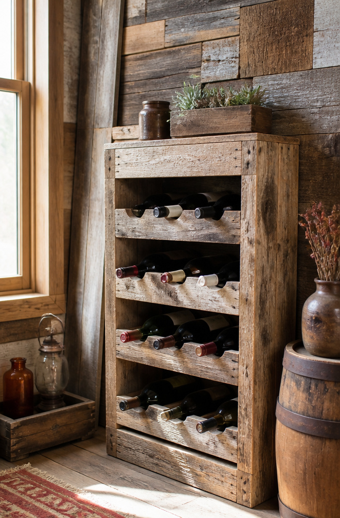 Pallet wood wine rack against a barn-style wall.