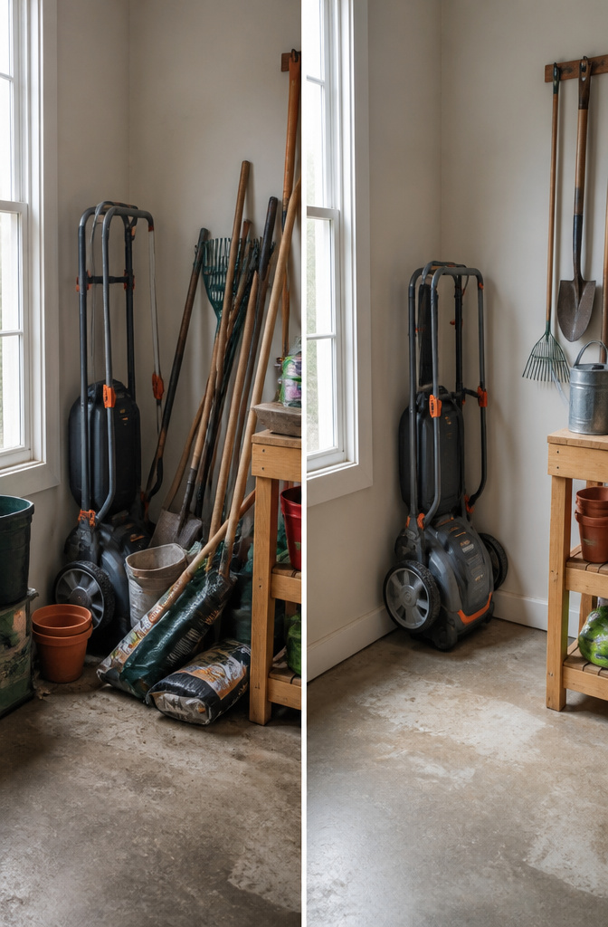 Folding lawn mower stored upright in a garage corner.