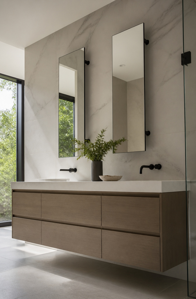 15 Bathroom Mirror Ideas for 2026 – Types, Styles & Trends 12 Suspended mirror panels mounted with visible hardware in a bathroom.