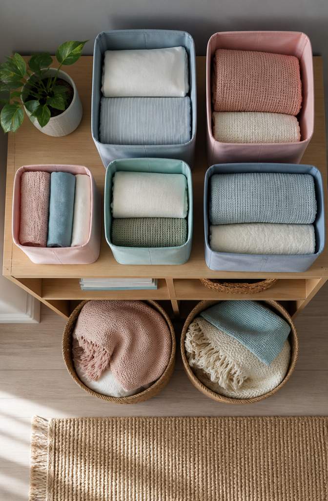 A variety of storage bins and baskets in a closet.