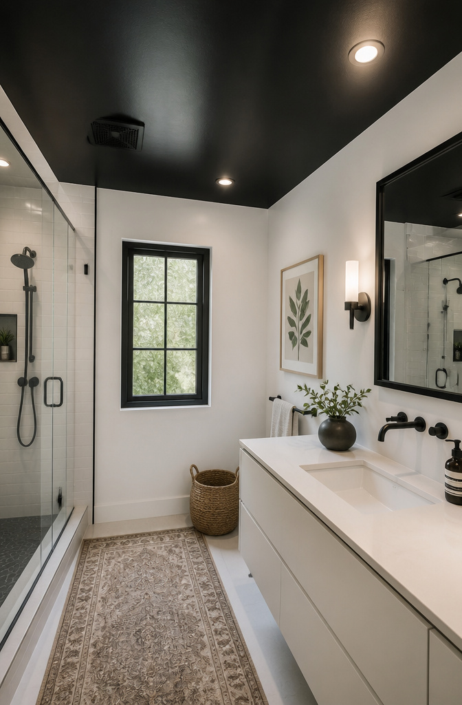 A bathroom with a black ceiling and white walls.