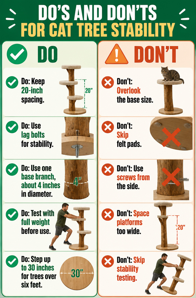 How to Build a DIY Cat Tree: 5 Plans for 2026 13 A diagram illustrating do's and don'ts for cat tree stability.