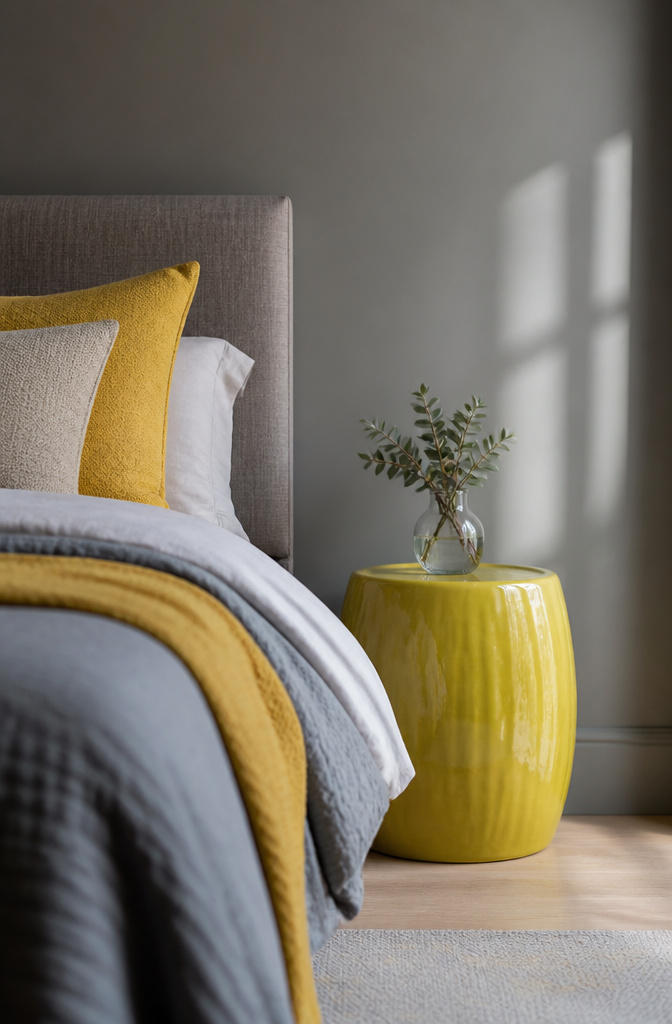 Grey bedroom featuring a single citrine yellow accent piece.