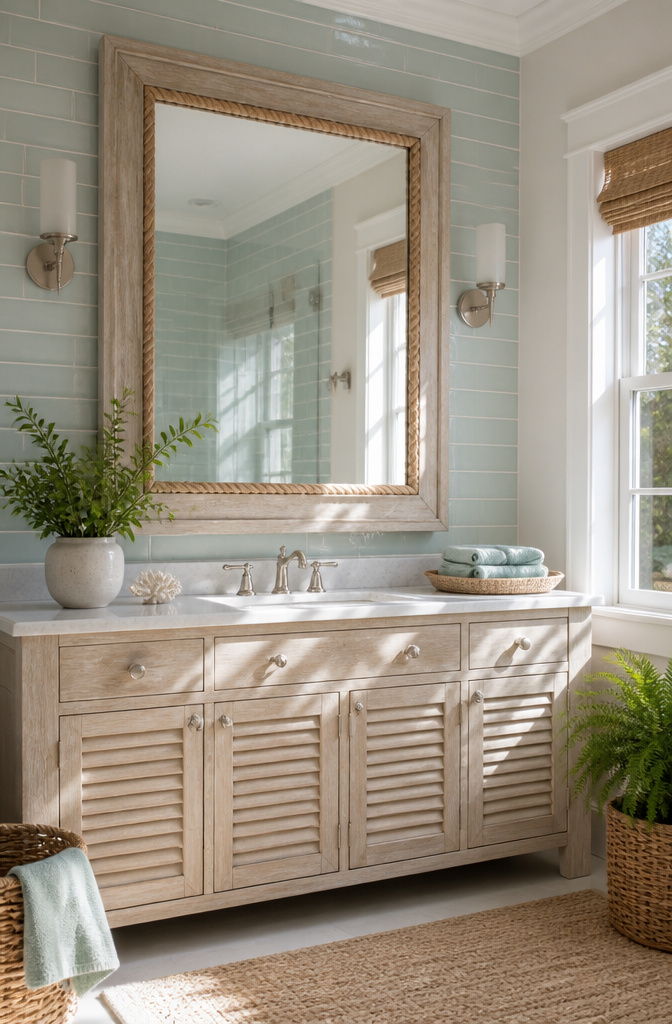 15 Bathroom Mirror Ideas for 2026 – Types, Styles & Trends 13 Coastal-inspired mirror framed with rope in a serene bathroom.