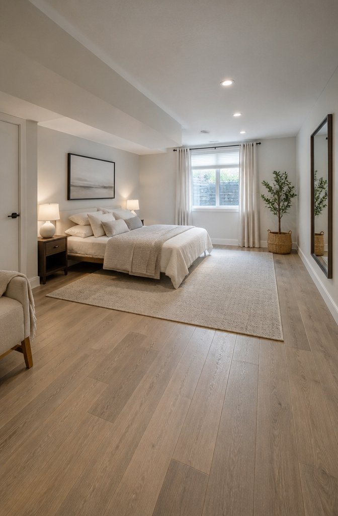 20 Basement Bedroom Ideas for 2026: Cozy, Warm, Practical 13 Basement bedroom with a large mirror opposite the window.