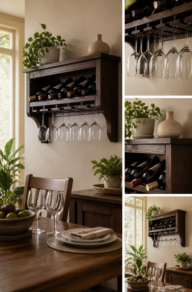 Wine rack featuring storage for both bottles and stemware.