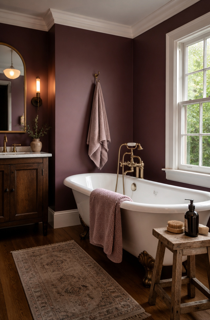 A bathroom painted in plum with warm white trim.