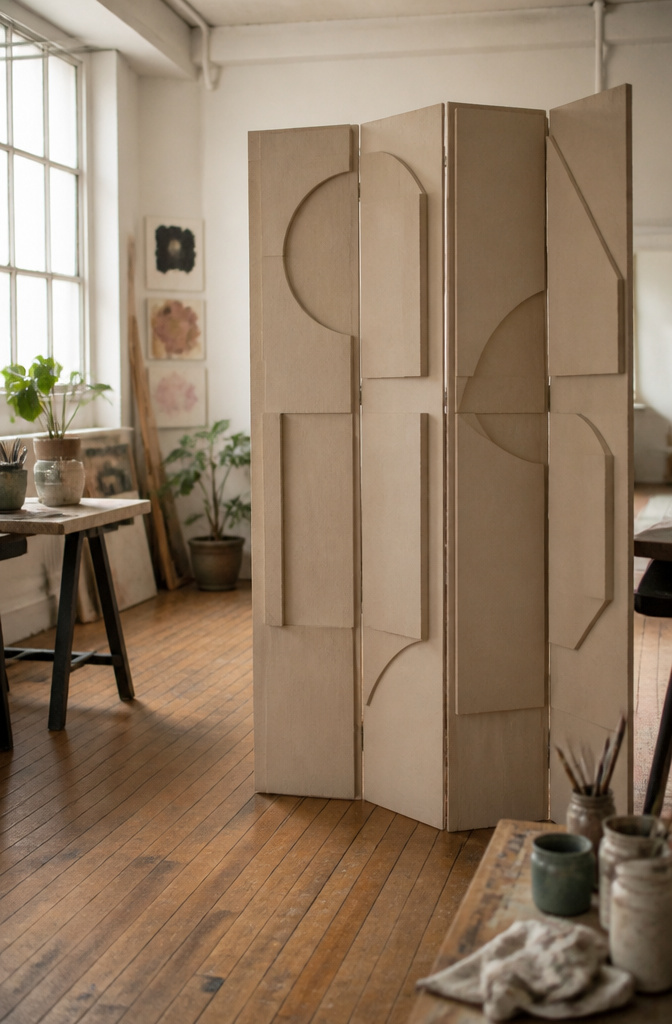 14 DIY Room Divider Ideas: Projects From Wallpaper to Wire 13 A creatively constructed cardboard divider with geometric designs.