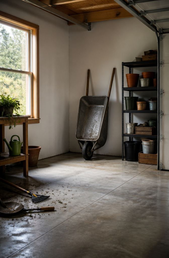 A wheelbarrow stored upright in a garage corner.
