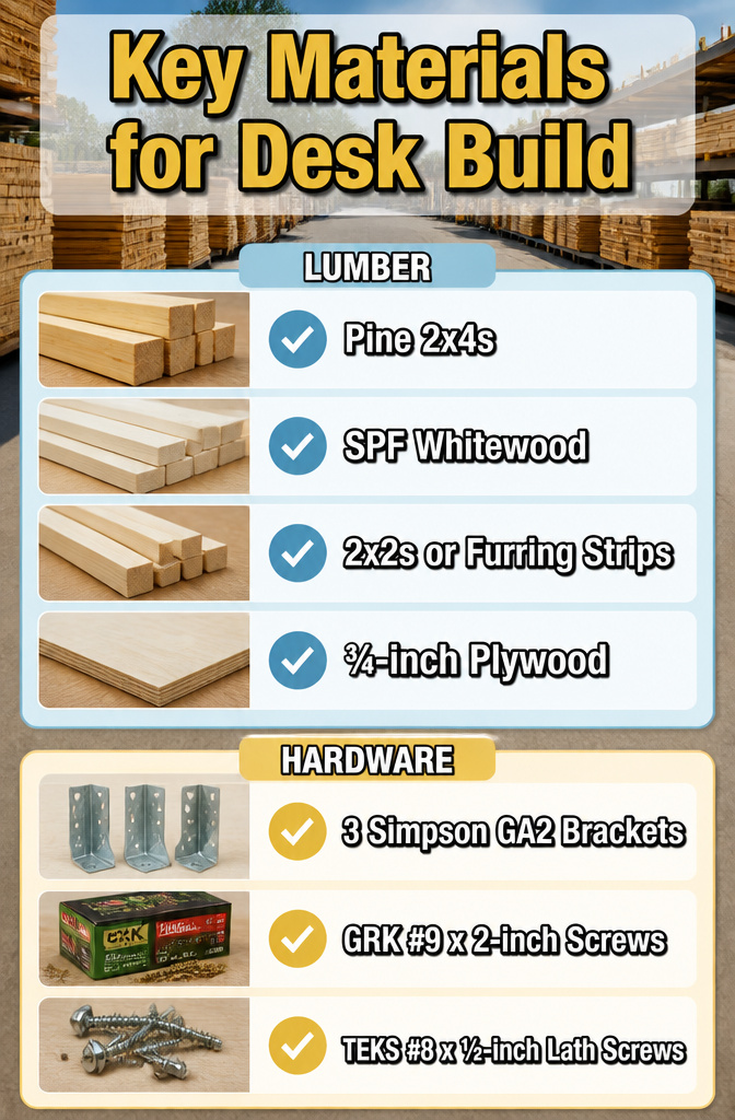 DIY Computer Desk: Build Plans and Alternative Ideas for 2026 13 An image listing essential materials for a desk build.