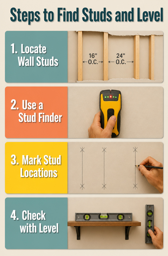 DIY Floating Shelves: A Complete Guide to 5 Styles for Every Room 14 Illustration showing how to locate studs and level a shelf.