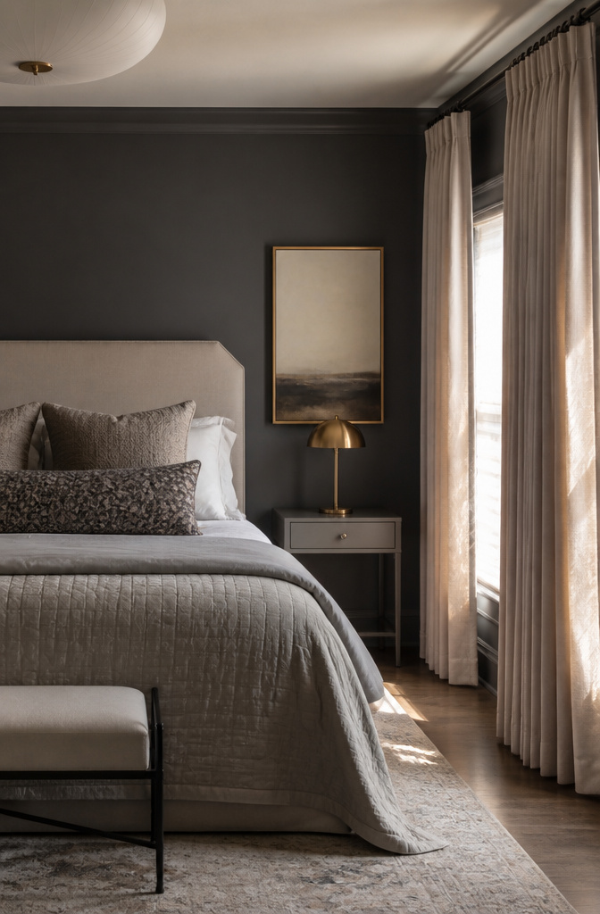 Elegant bedroom with pleated silk shades framing the window.