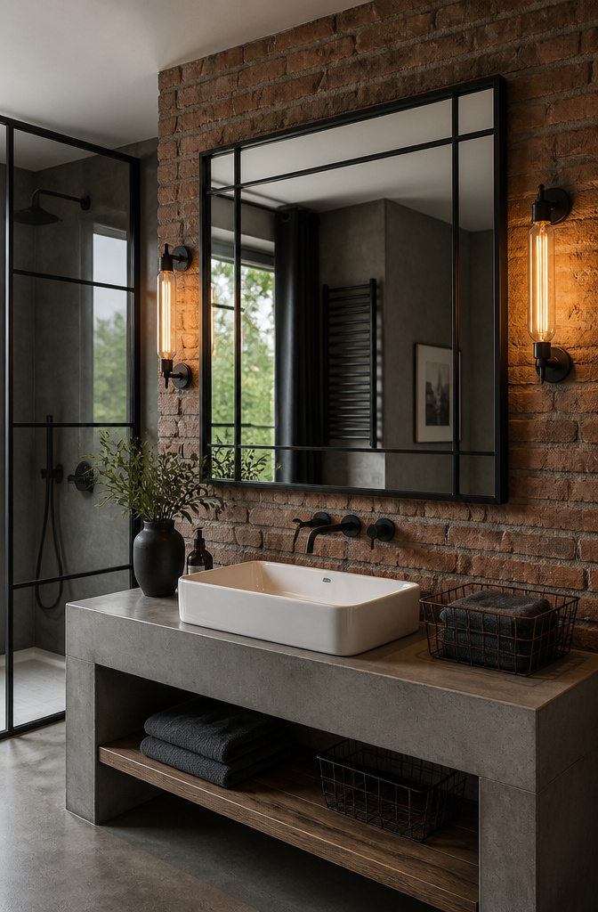 15 Bathroom Mirror Ideas for 2026 – Types, Styles & Trends 14 Industrial-style bathroom with a sturdy black iron-framed mirror.