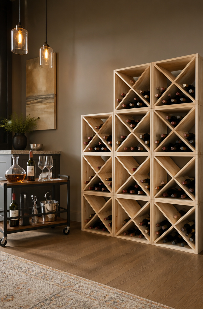 Stacked modular wine racks in a contemporary home bar.