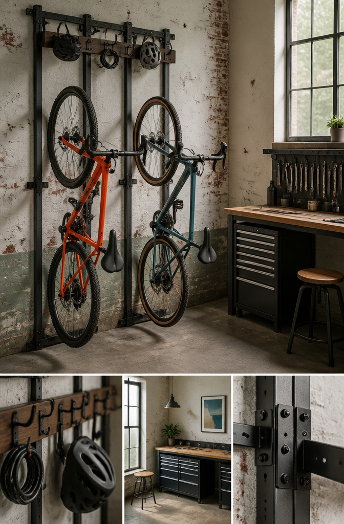 A wall-mounted rack storing two bikes and gear.