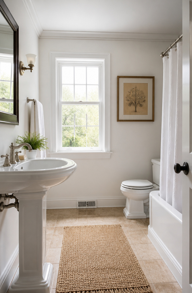 A bathroom with Simply White walls and porcelain fixtures.