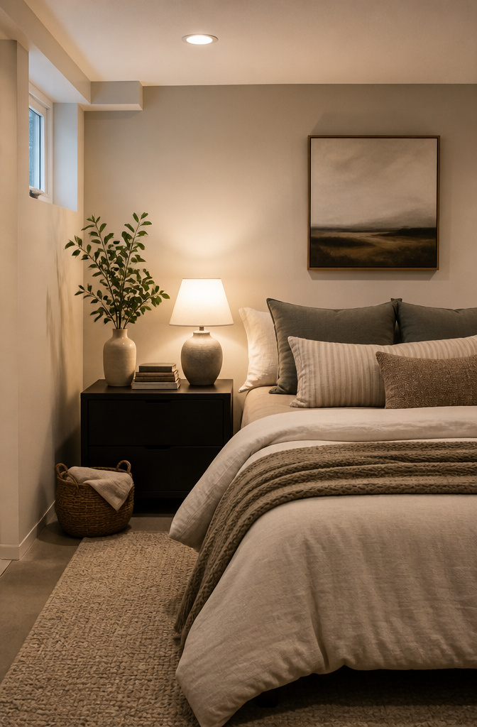 20 Basement Bedroom Ideas for 2026: Cozy, Warm, Practical 14 Beautifully styled basement bedroom with neutral decor and a bedside lamp.