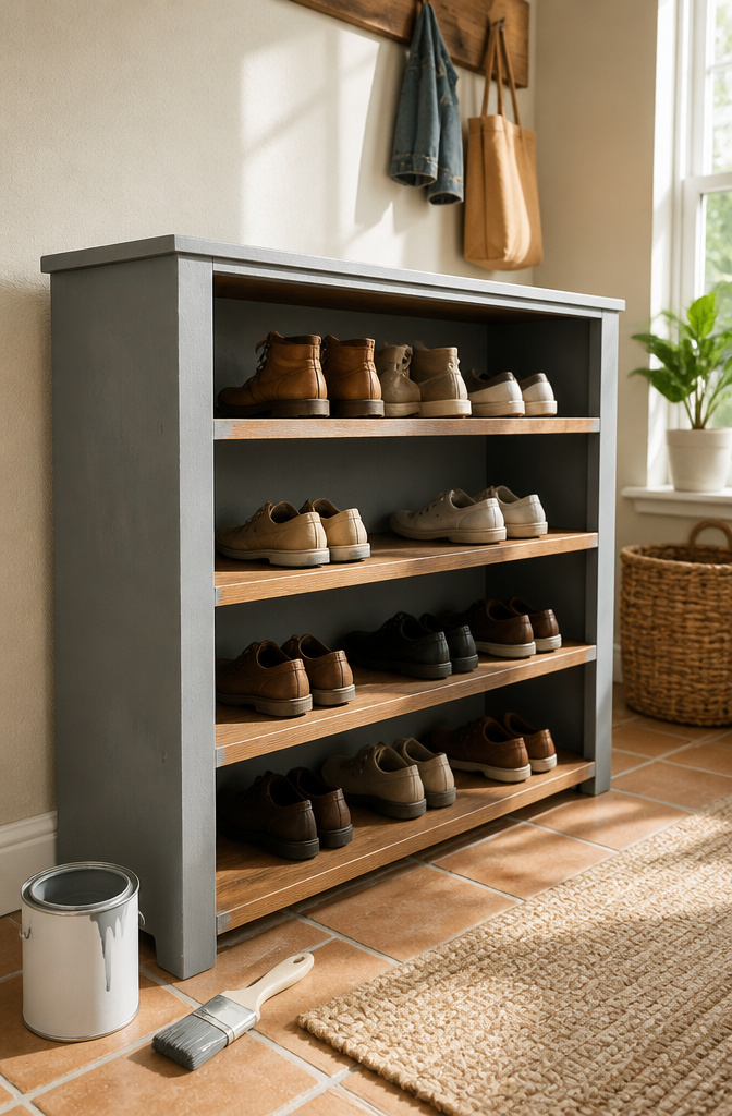 DIY Shoe Rack: 10 Plans for Wall, Tower, Bench and Closet Builds 14 A beautifully finished DIY shoe rack displaying adult shoes.