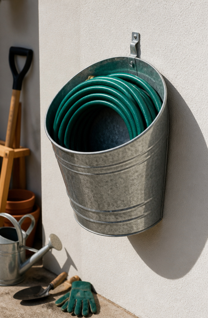 Hose coiled in a wall-mounted storage solution.