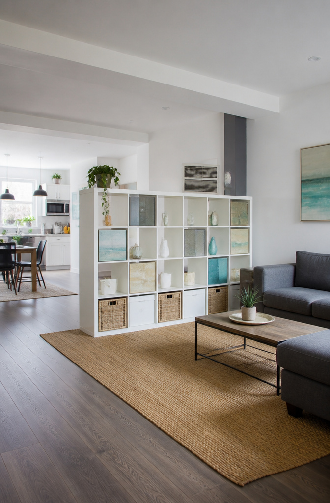 14 DIY Room Divider Ideas: Projects From Wallpaper to Wire 14 An IKEA Expedit shelving unit used as a room divider.