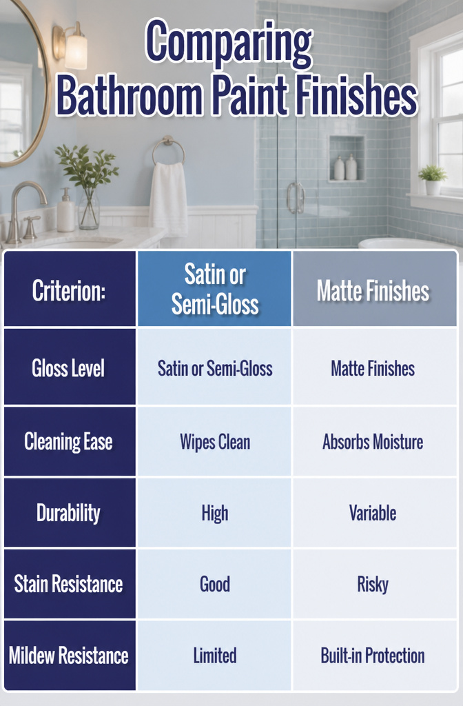 A comparison of bathroom paint finishes highlighting satin and semi-gloss.