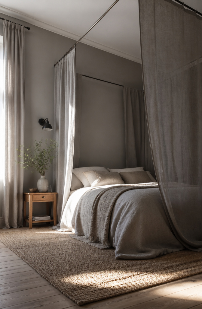Bedroom with a draped linen canopy framing the ceiling.