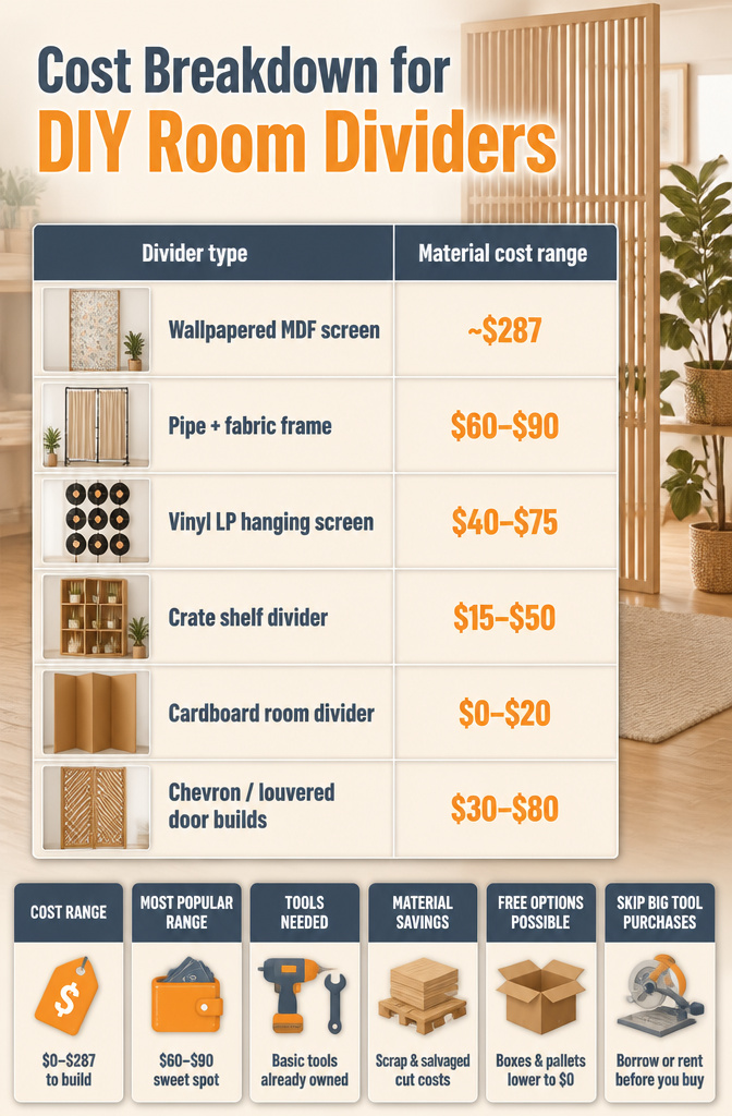 14 DIY Room Divider Ideas: Projects From Wallpaper to Wire 15 A cost breakdown chart for various DIY room dividers.
