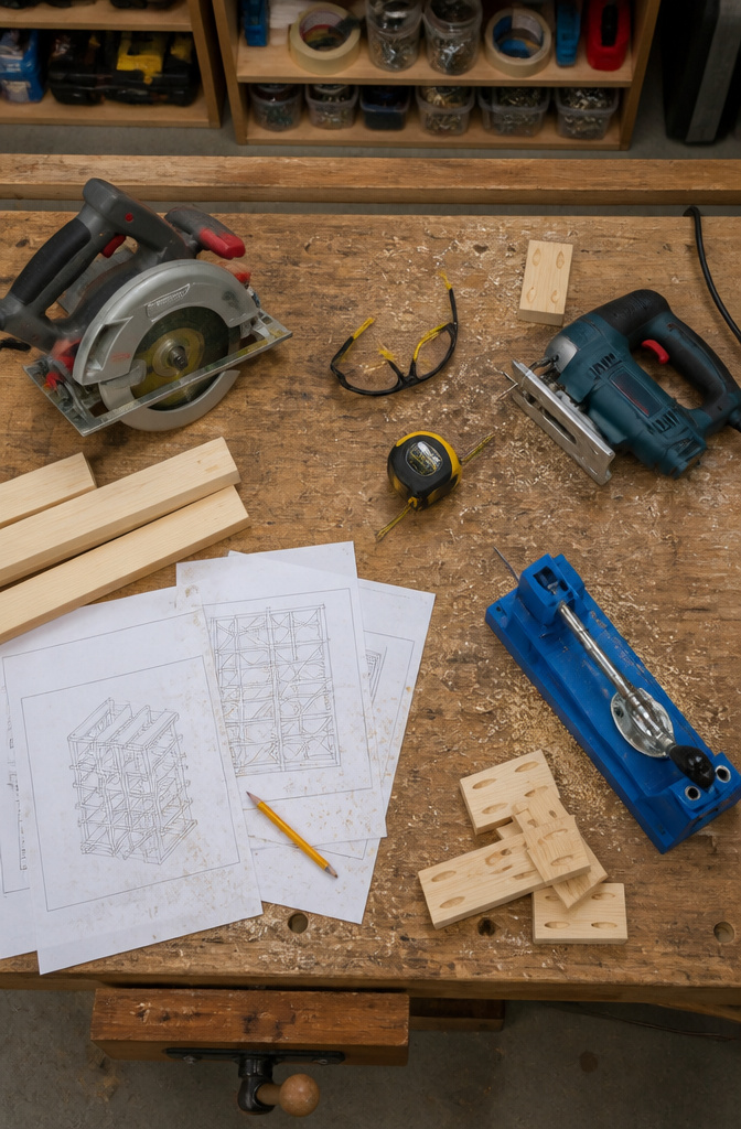 Tools required for DIY wine rack construction laid out.